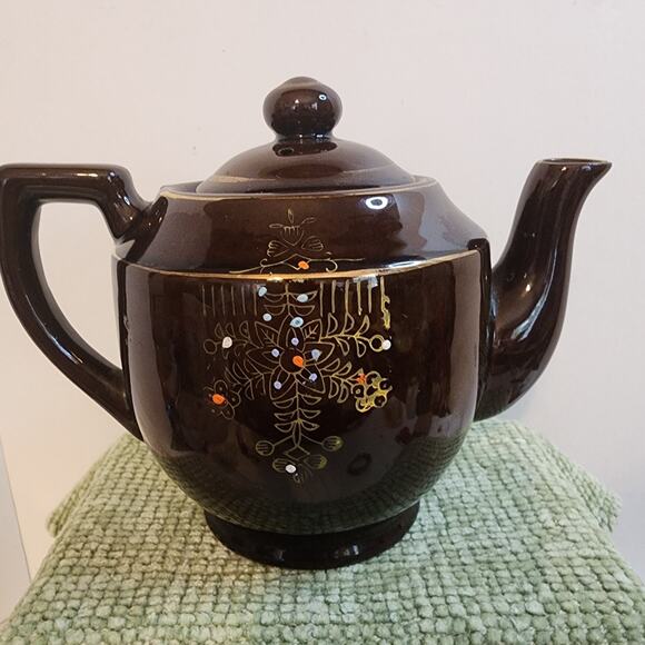Vintage Japan Brown Teapot Hand Painted Gold Floral Enamel Dot 6in Midcentury - Picture 3 of 10